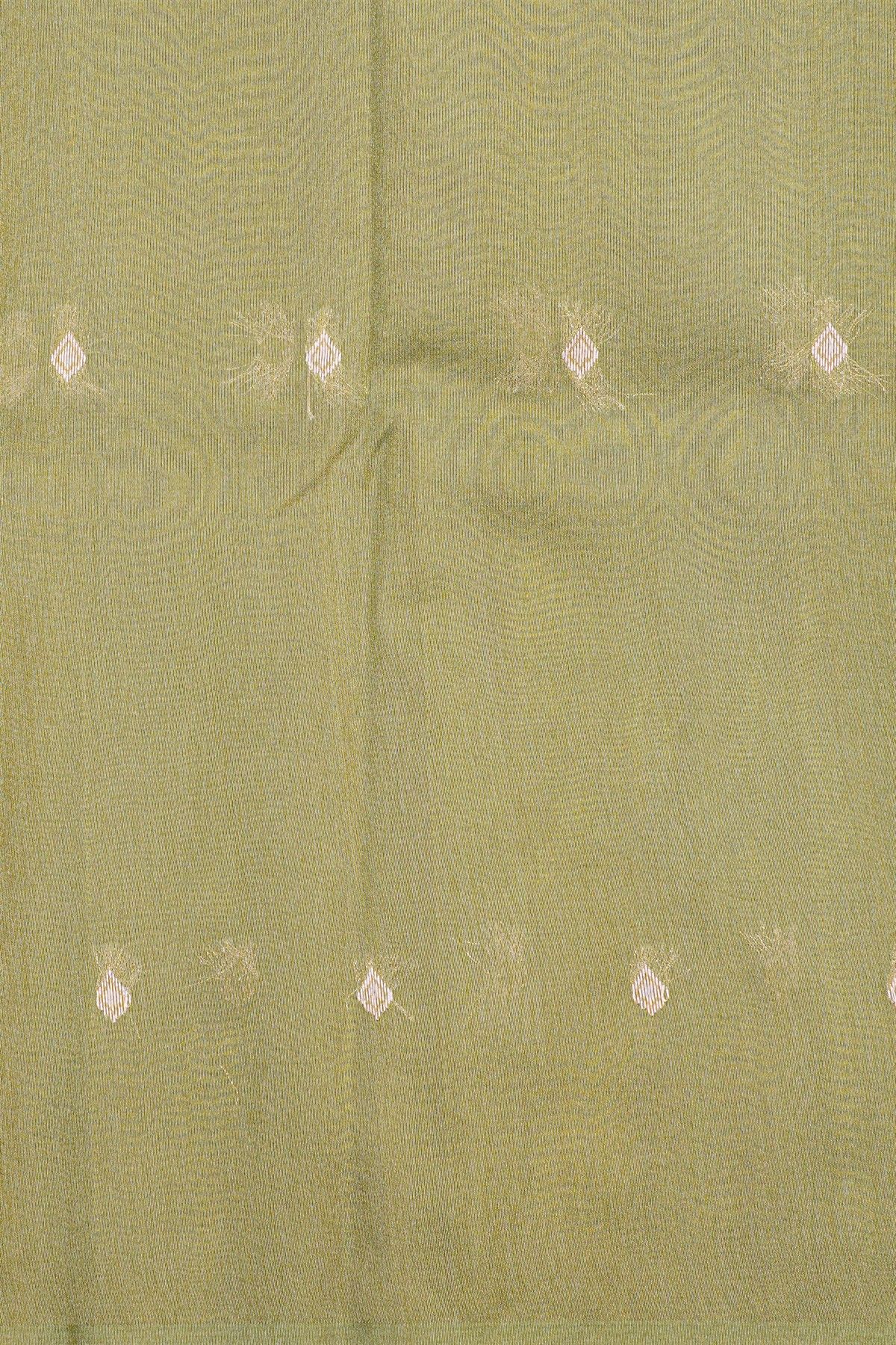 Fancy Tussar Pista Green Saree With Florals And Leaves In Thread Work Body And Floral Brocade Pallu