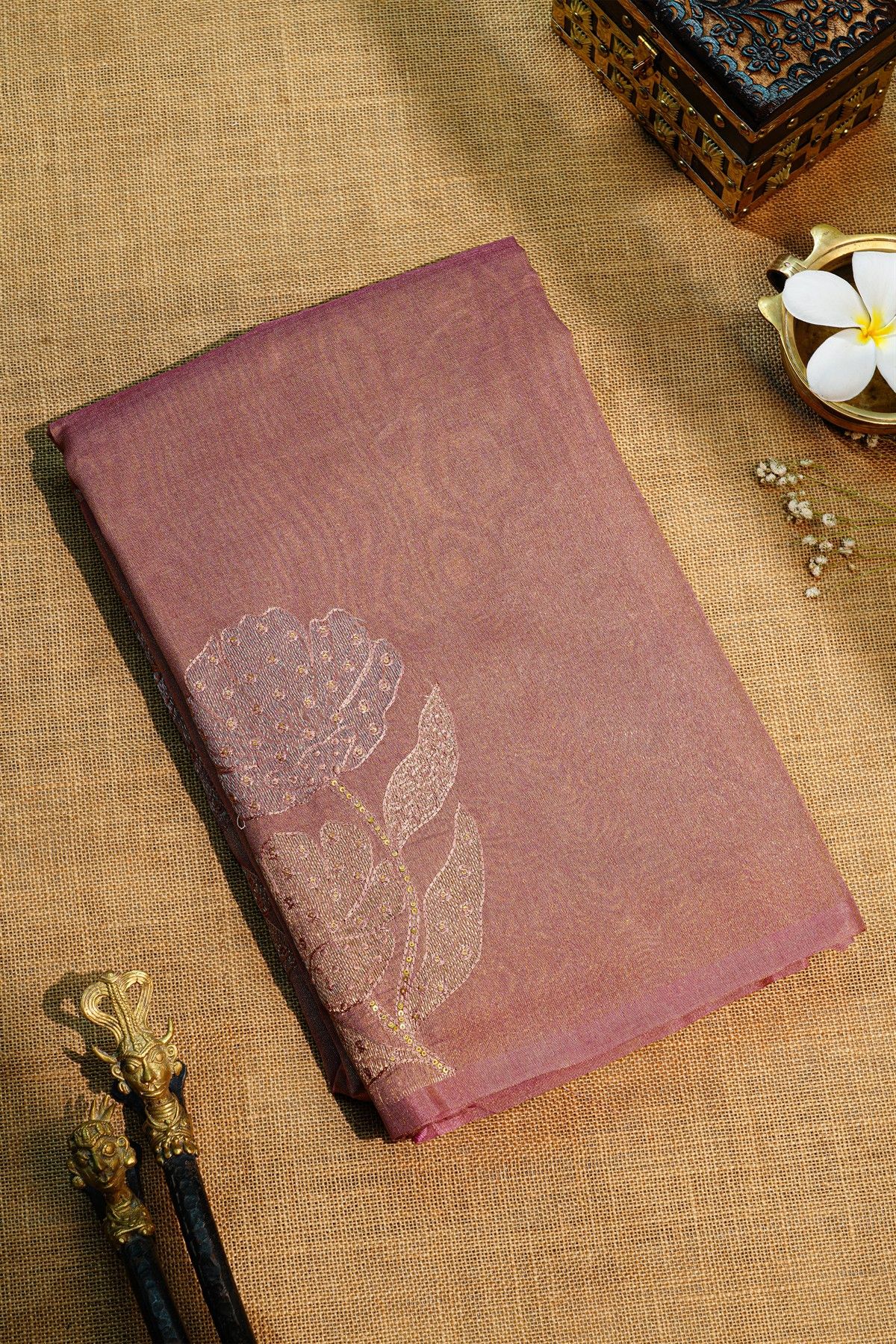 Fancy Tussar Onion Pink Saree With Florals And Leaves In Thread Work Body And Floral Brocade Pallu