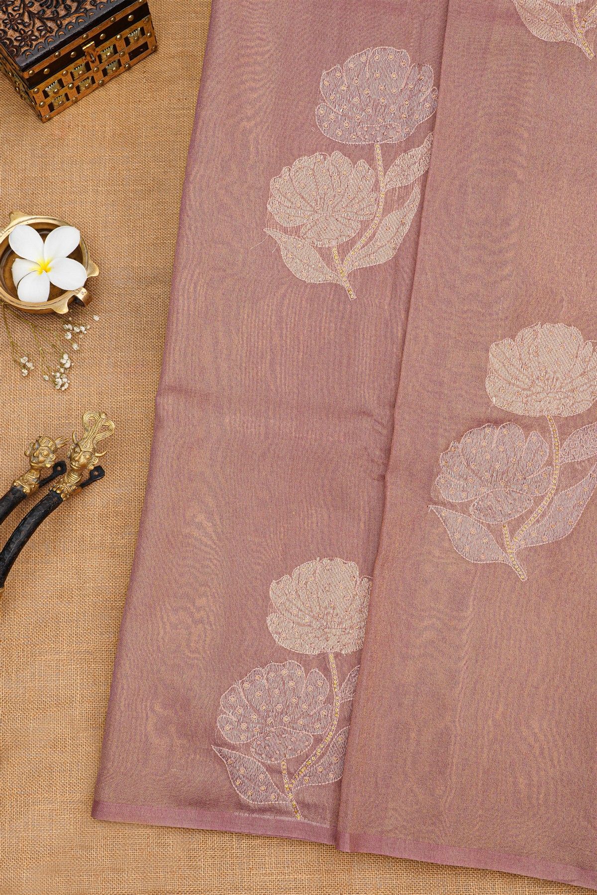 Fancy Tussar Onion Pink Saree With Florals And Leaves In Thread Work Body And Floral Brocade Pallu