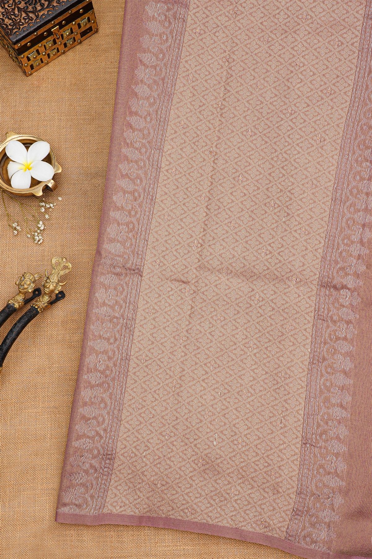 Fancy Tussar Onion Pink Saree With Florals And Leaves In Thread Work Body And Floral Brocade Pallu
