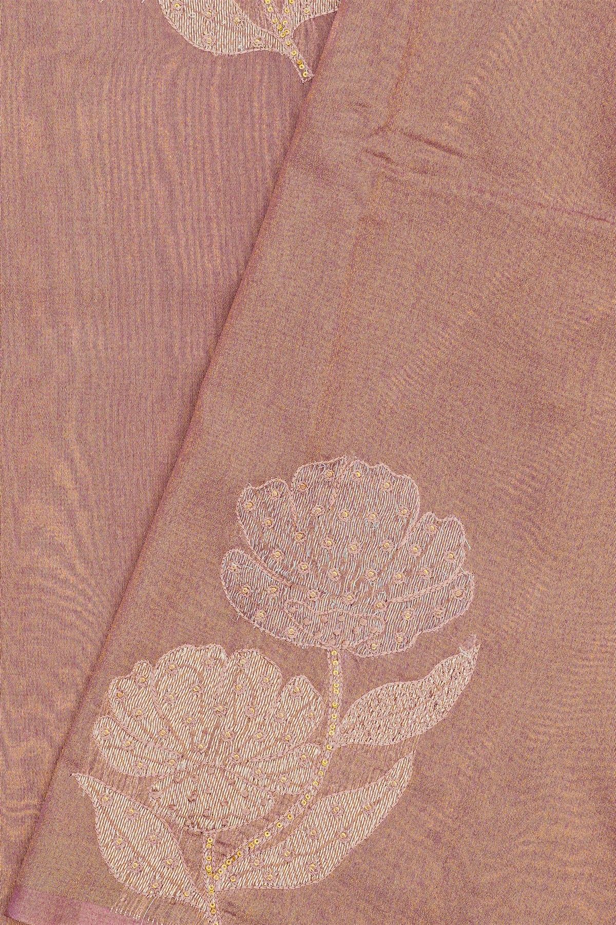 Fancy Tussar Onion Pink Saree With Florals And Leaves In Thread Work Body And Floral Brocade Pallu