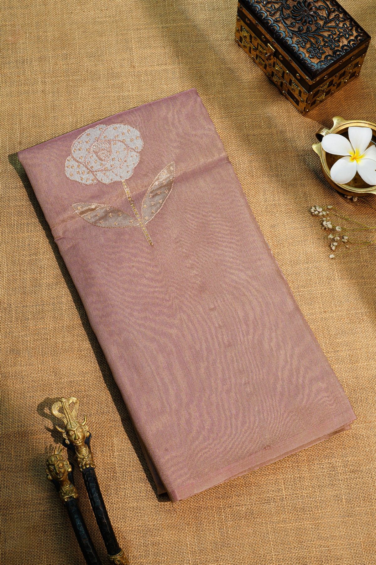 Fancy Tussar Onion Pink Saree With Florals And Leaves In Thread Work Body And Brocade Pallu