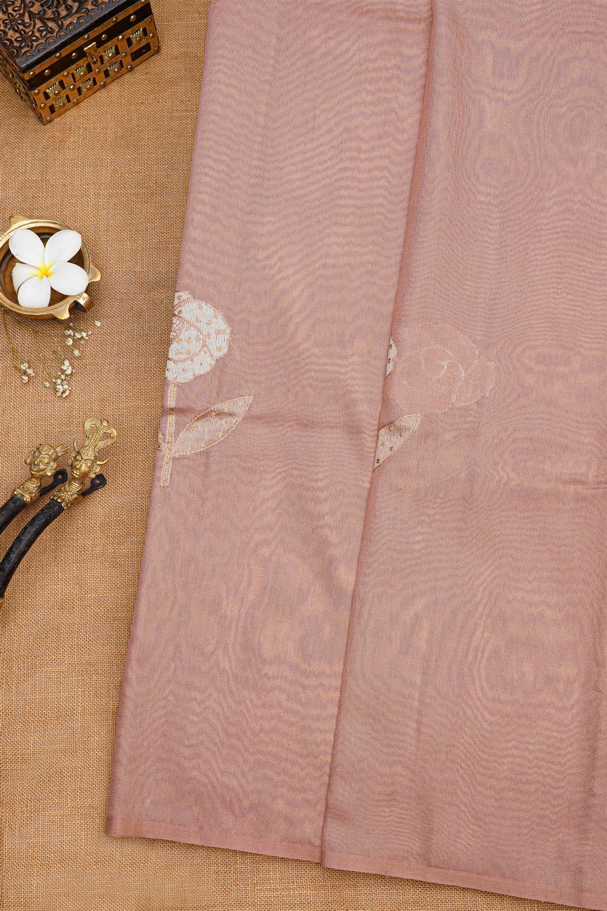 Fancy Tussar Onion Pink Saree With Florals And Leaves In Thread Work Body And Brocade Pallu