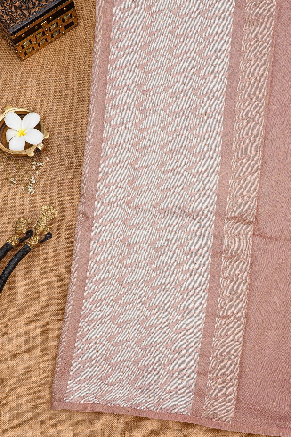 Fancy Tussar Onion Pink Saree With Florals And Leaves In Thread Work Body And Brocade Pallu
