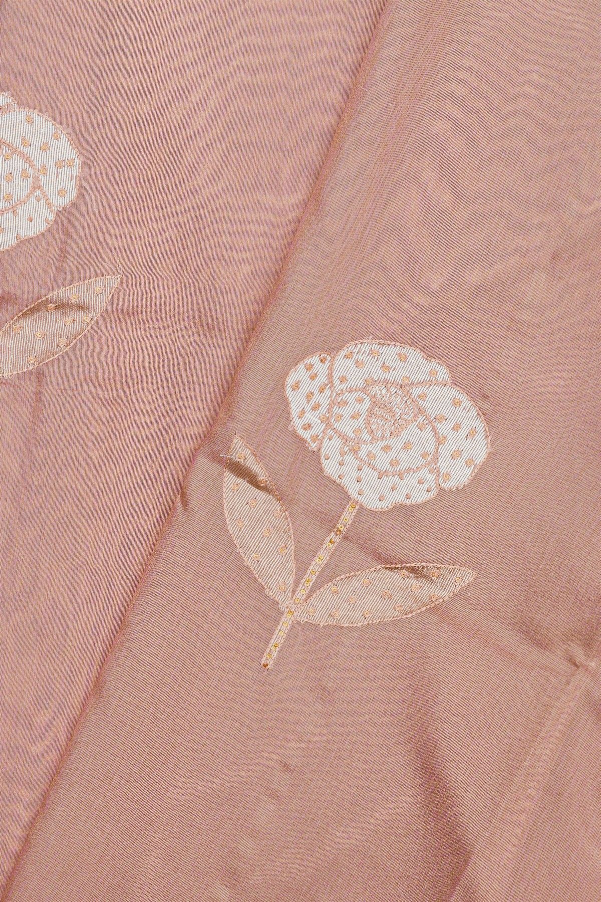 Fancy Tussar Onion Pink Saree With Florals And Leaves In Thread Work Body And Brocade Pallu