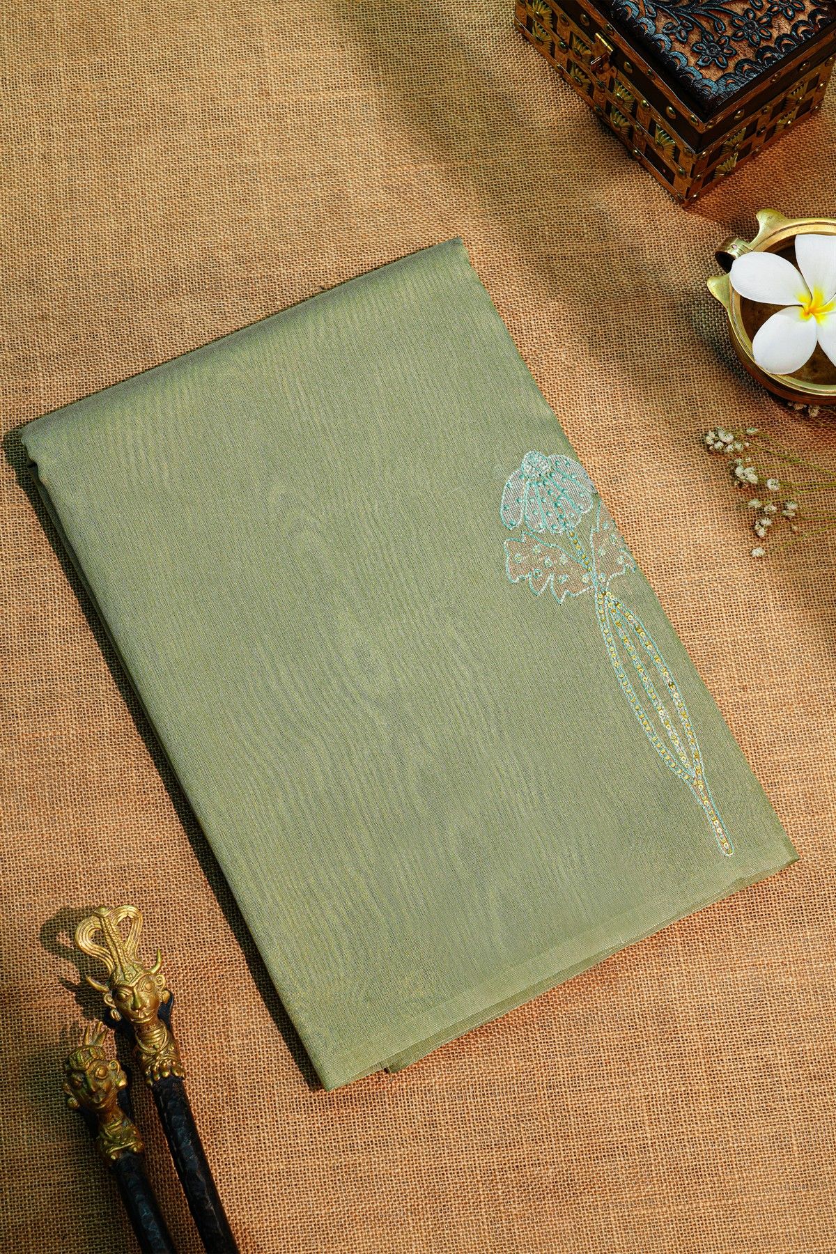 Fancy Tussar Sage Green Saree With Florals And Leaves In Thread Work Body And Brocade Pallu