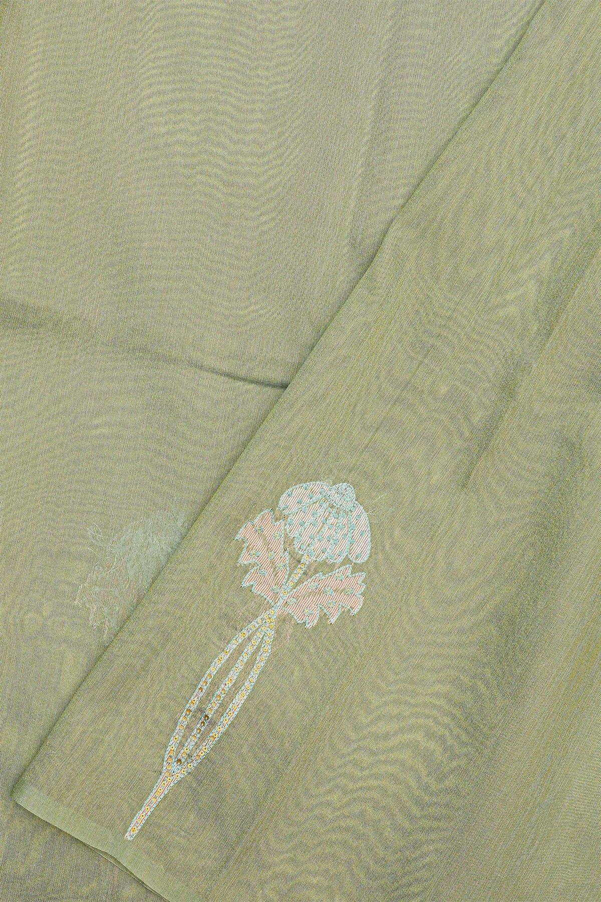 Fancy Tussar Sage Green Saree With Florals And Leaves In Thread Work Body And Brocade Pallu