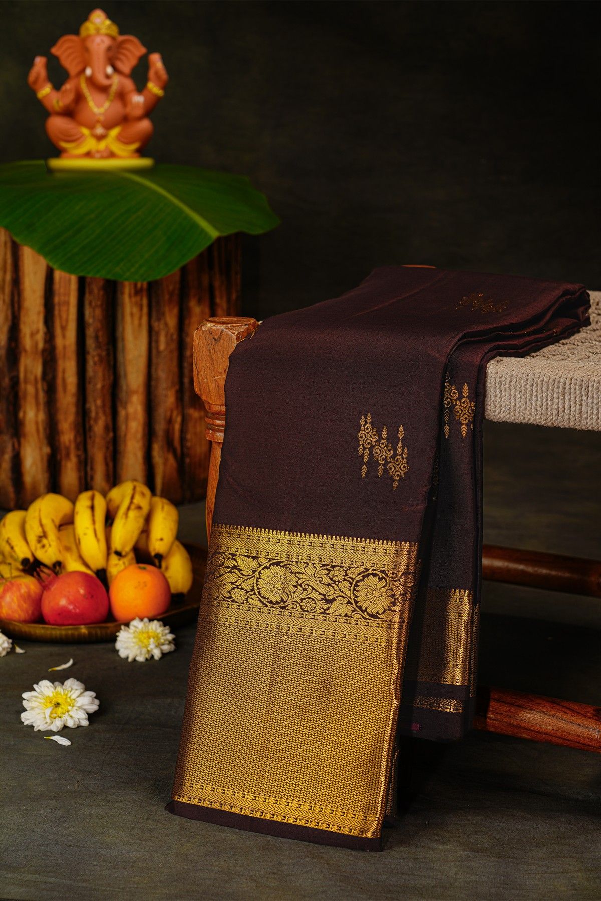 Kancheepuram Silk Brown Saree With Florals And Parrots Body