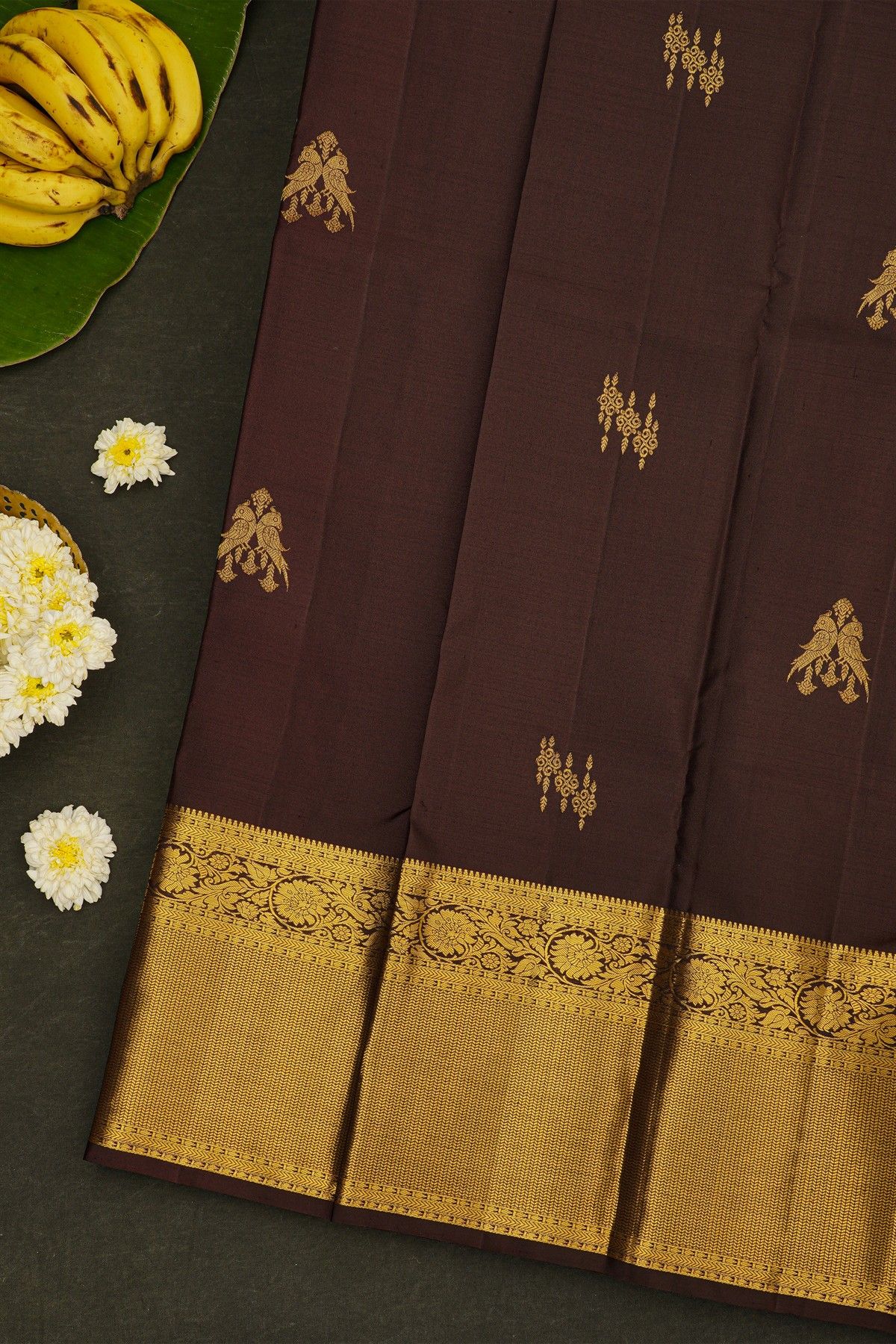 Kancheepuram Silk Brown Saree With Florals And Parrots Body