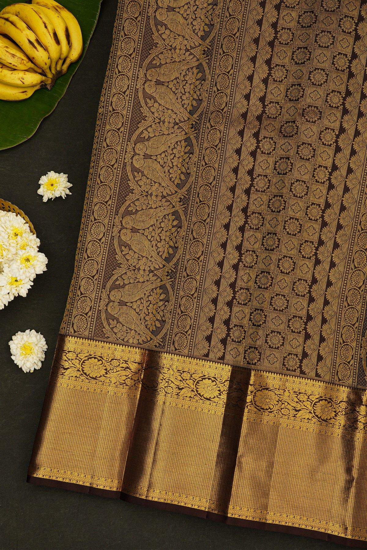Kancheepuram Silk Brown Saree With Florals And Parrots Body