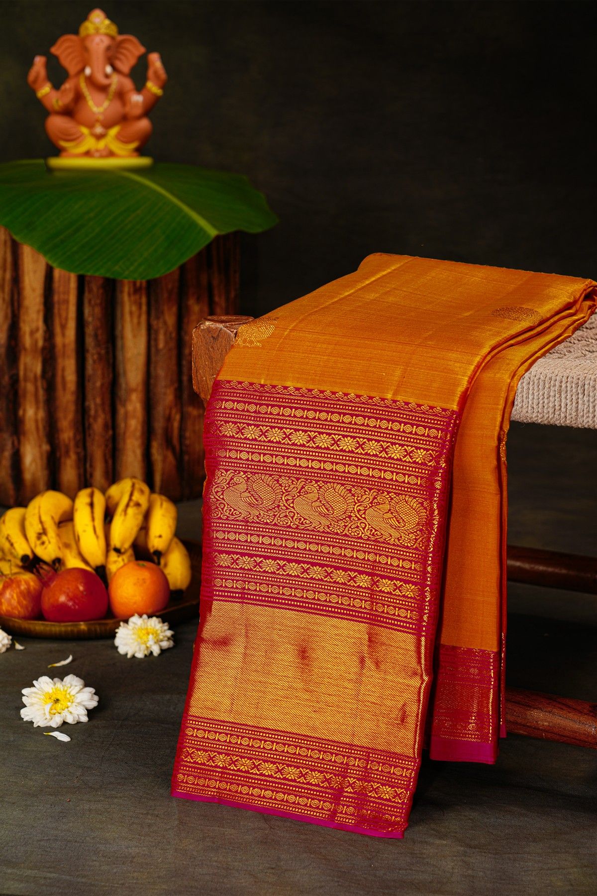 Kancheepuram Silk Mustard Saree With Yalis And Peacock Border