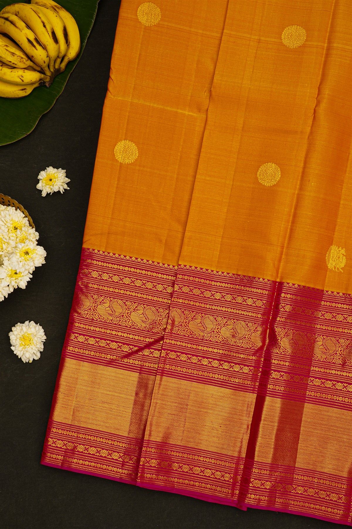 Kancheepuram Silk Mustard Saree With Yalis And Peacock Border
