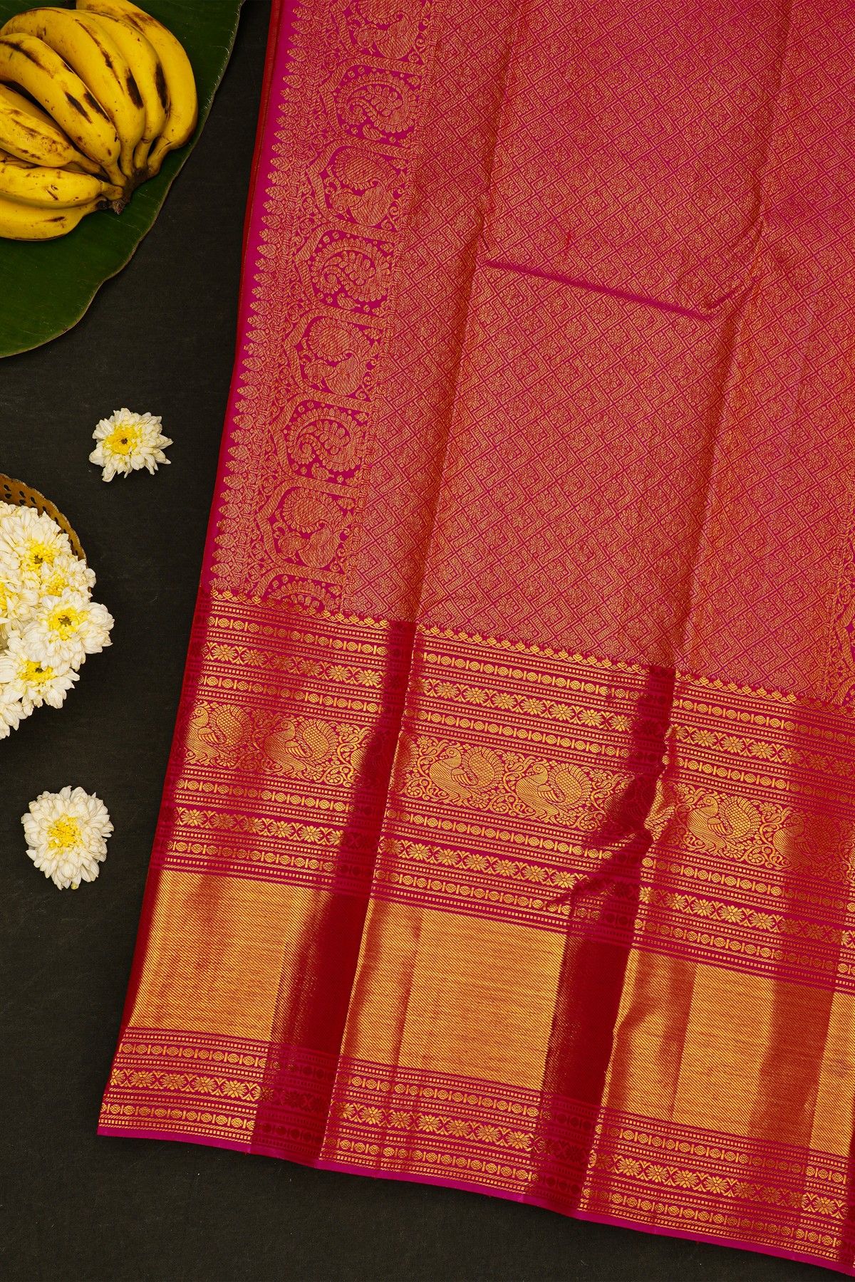 Kancheepuram Silk Mustard Saree With Yalis And Peacock Border