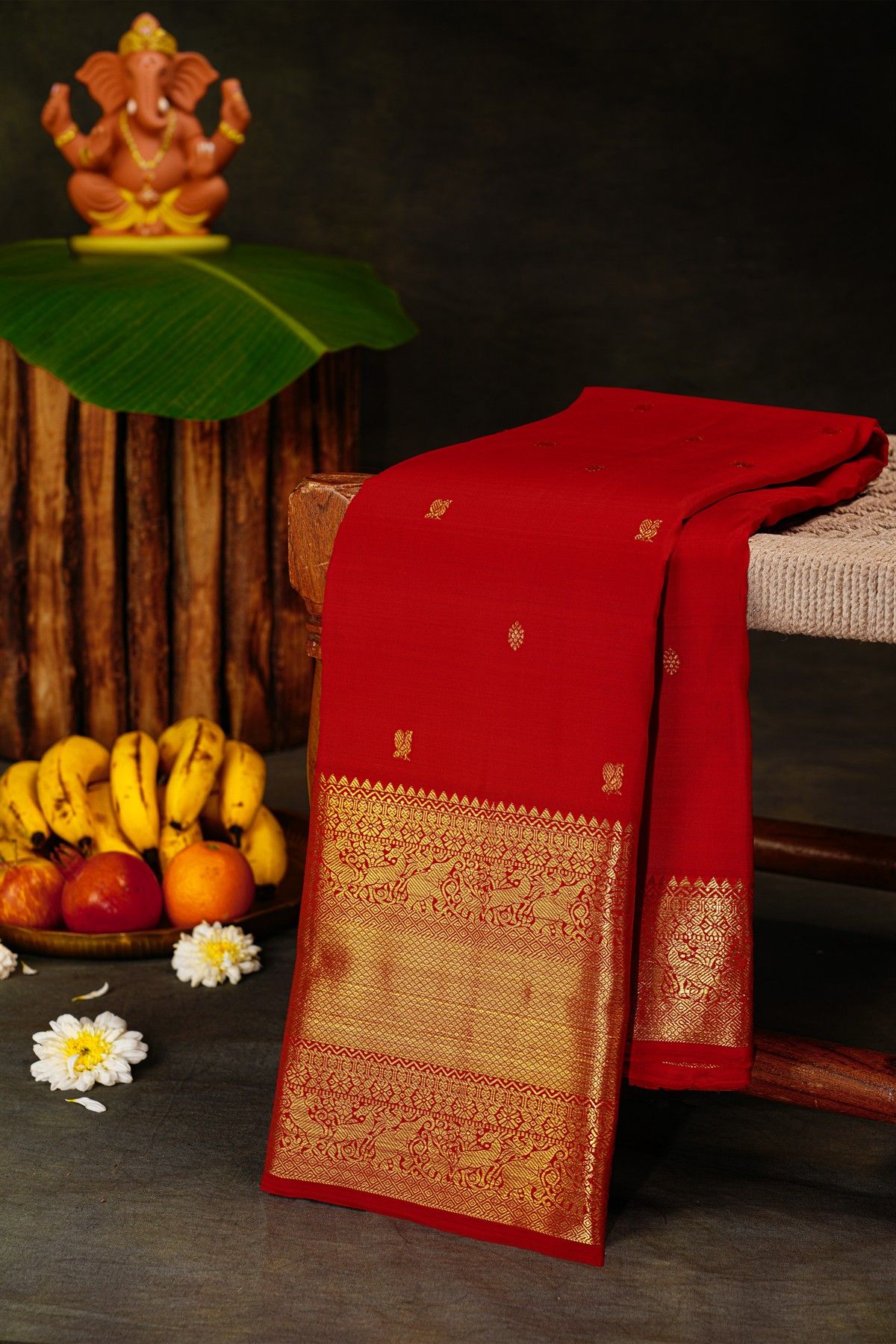 Kancheepuram Silk Red Saree With Small Buttas Body Self Border