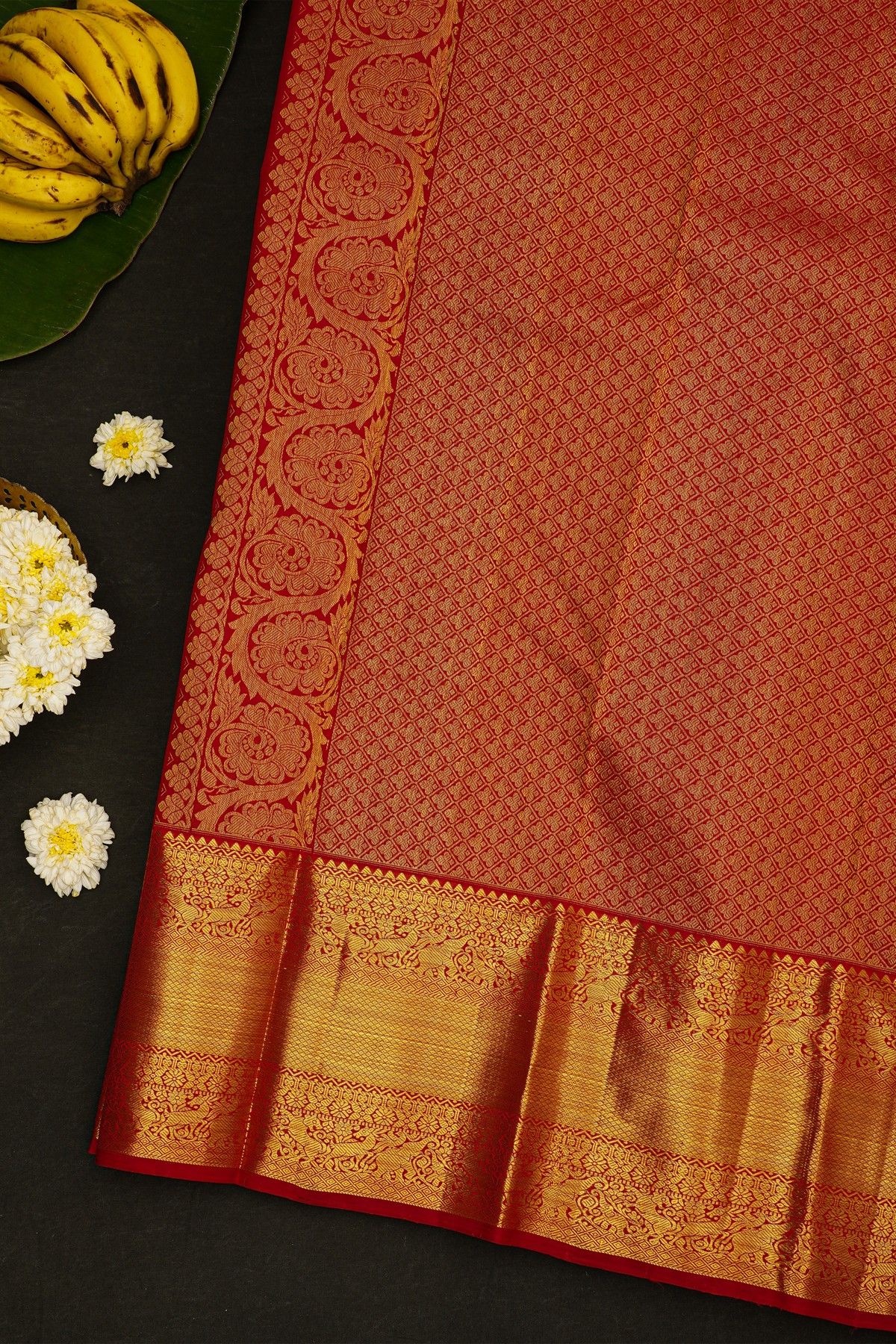 Kancheepuram Silk Red Saree With Small Buttas Body Self Border