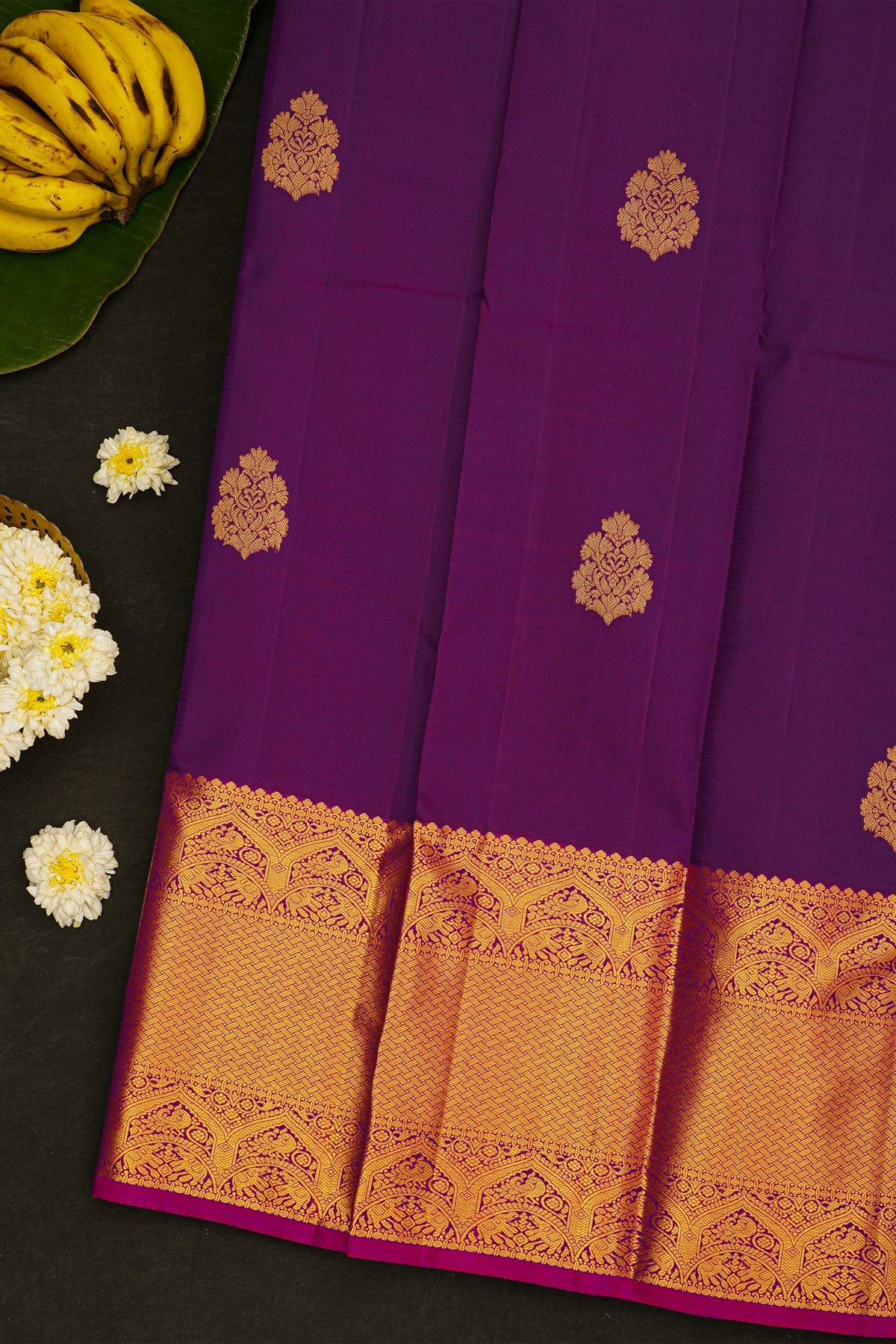 Kancheepuram Silk Purple Saree With Wedding Procession Border