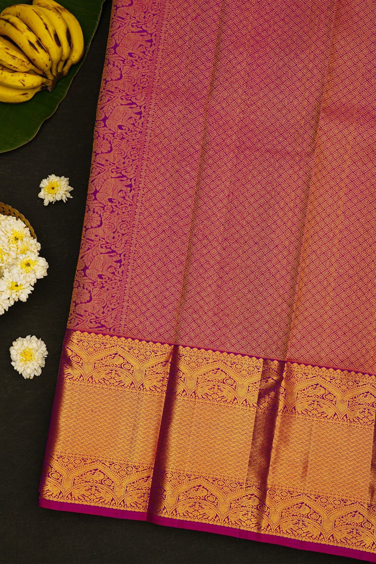 Kancheepuram Silk Purple Saree With Wedding Procession Border