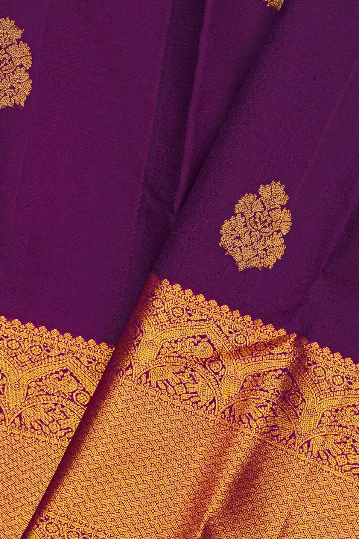 Kancheepuram Silk Purple Saree With Wedding Procession Border