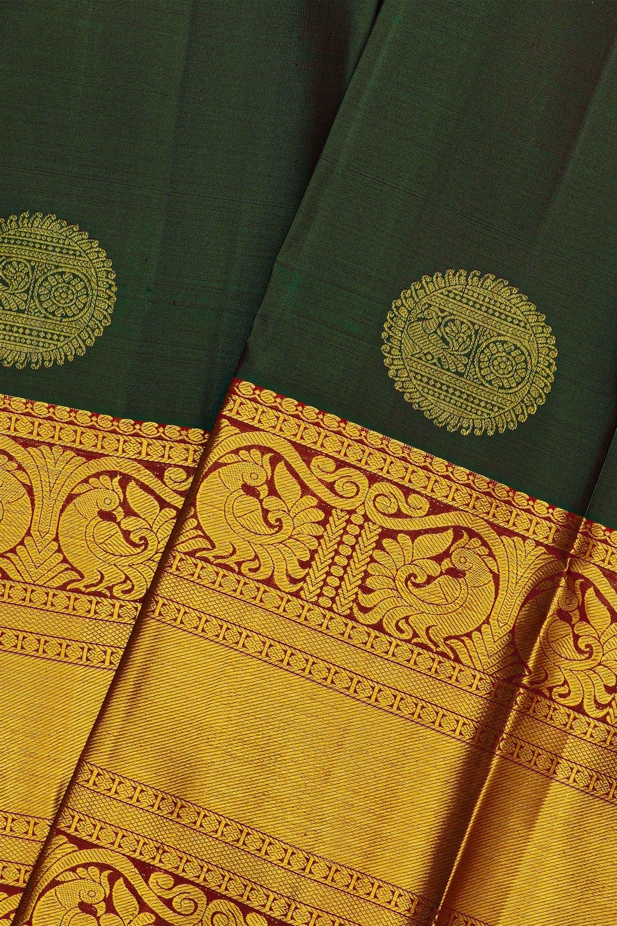 Kancheepuram Silk Bottle Green Saree With Mayil And Annam Korvai Border