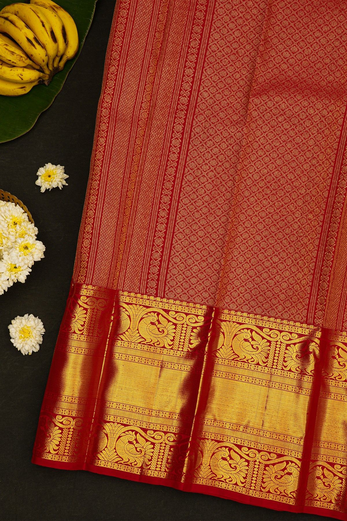 Kancheepuram Silk Mustard Saree With Big Buttis Body Long Contrast Border