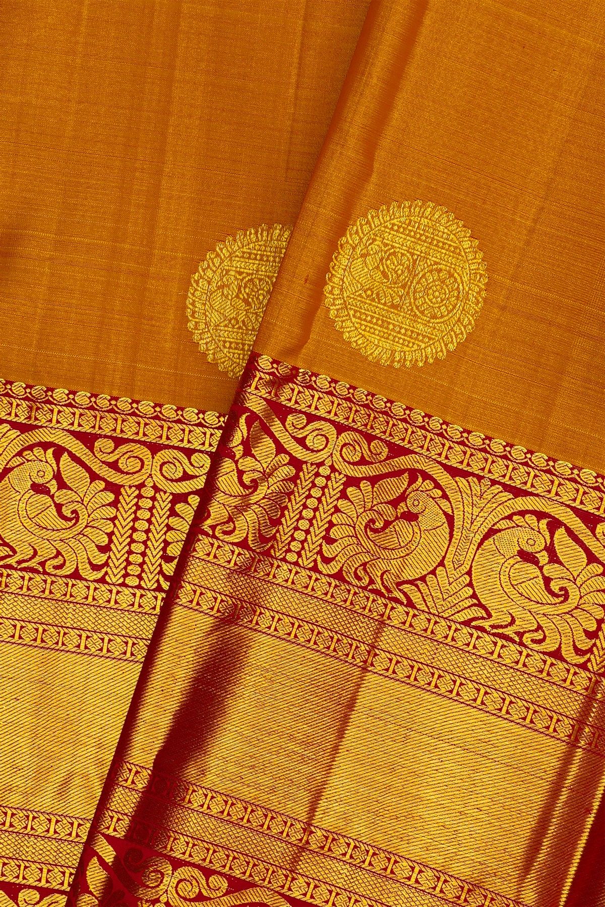 Kancheepuram Silk Mustard Saree With Big Buttis Body Long Contrast Border