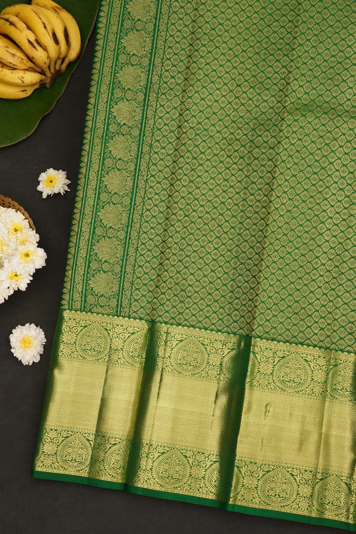 Kancheepuram Silk Parrot Green Saree With Mango Paisley Body And Self Border