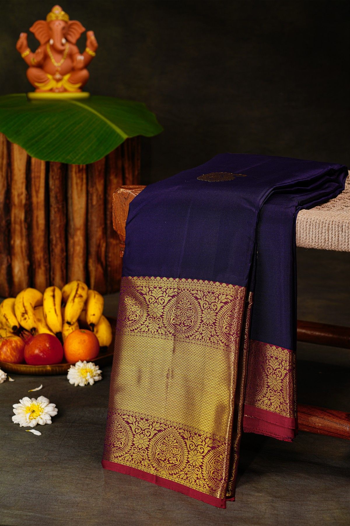 Kancheepuram Silk Violet Saree With Mango Paisley Buttis Body