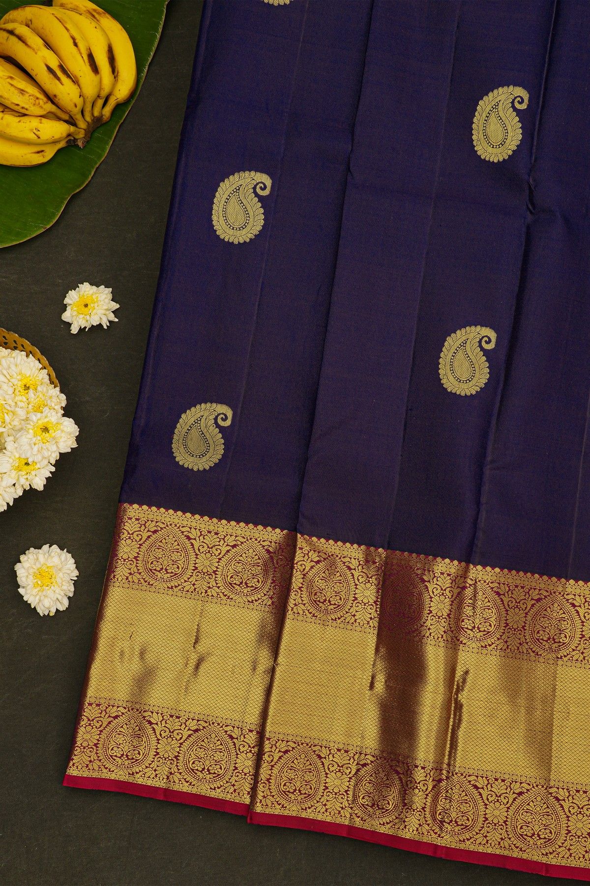 Kancheepuram Silk Violet Saree With Mango Paisley Buttis Body