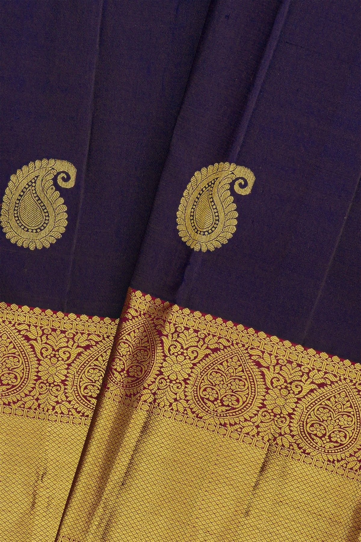 Kancheepuram Silk Violet Saree With Mango Paisley Buttis Body