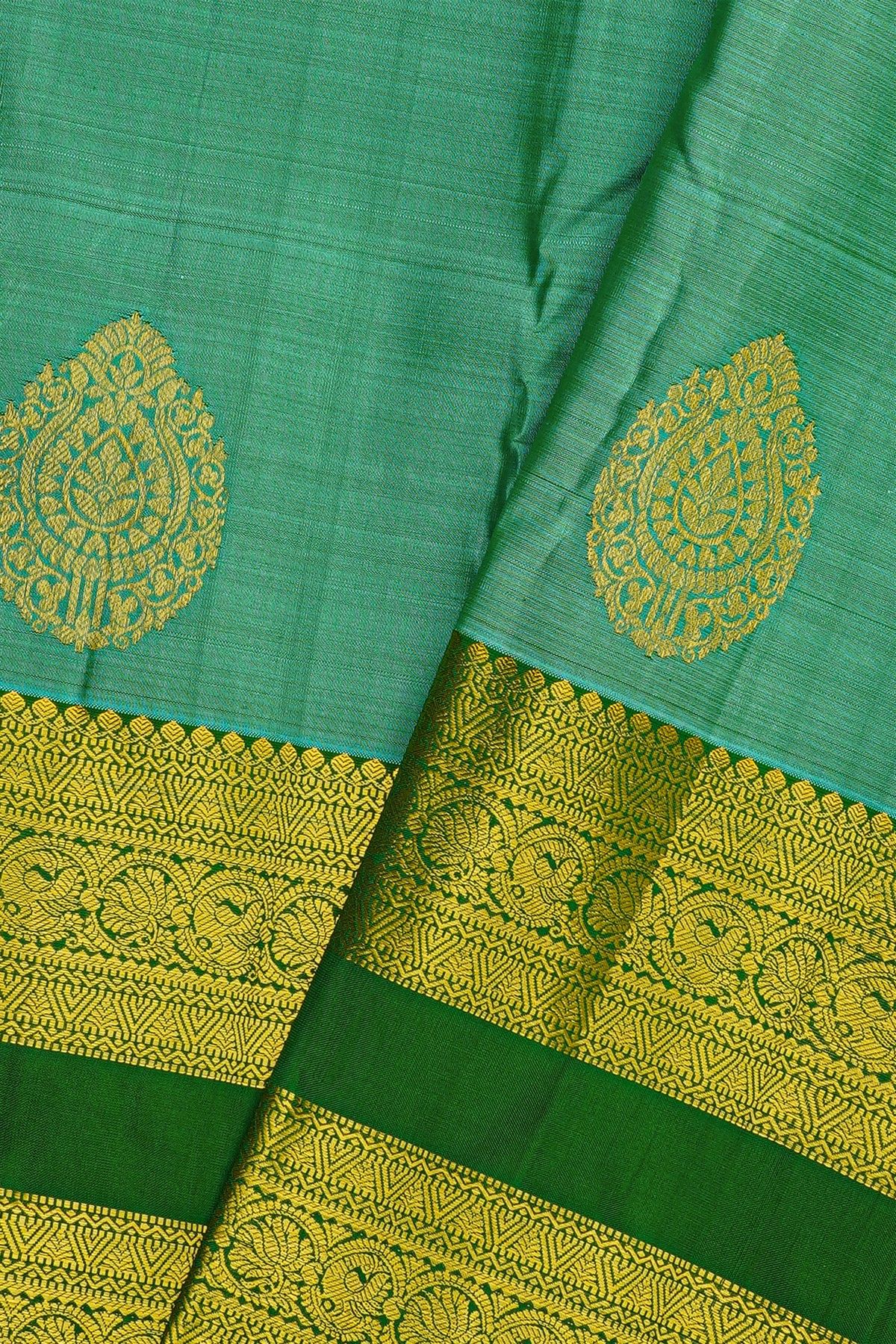 Kancheepuram Silk Sea Green Saree With Paisley Motifs Body Gap Border
