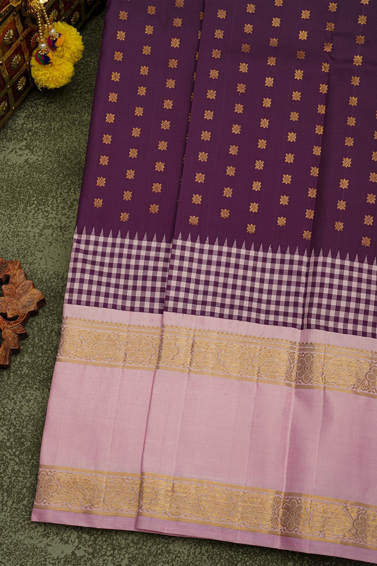 Kancheepuram Silk Wine Saree With Floral Buttis Body And Contrast Florals In Gap Border