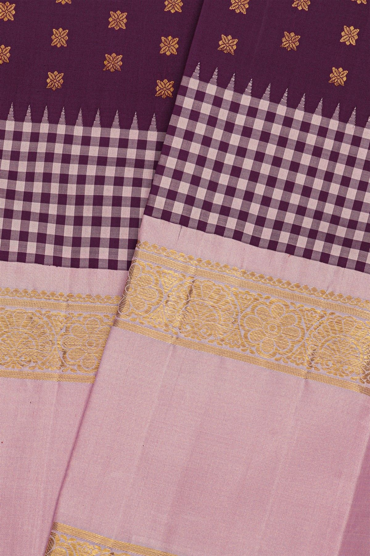 Kancheepuram Silk Wine Saree With Floral Buttis Body And Contrast Florals In Gap Border