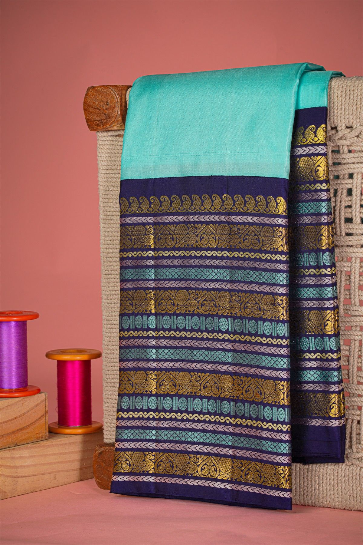 Kancheepuram Silk Sky Blue Saree With Thread Zari Border