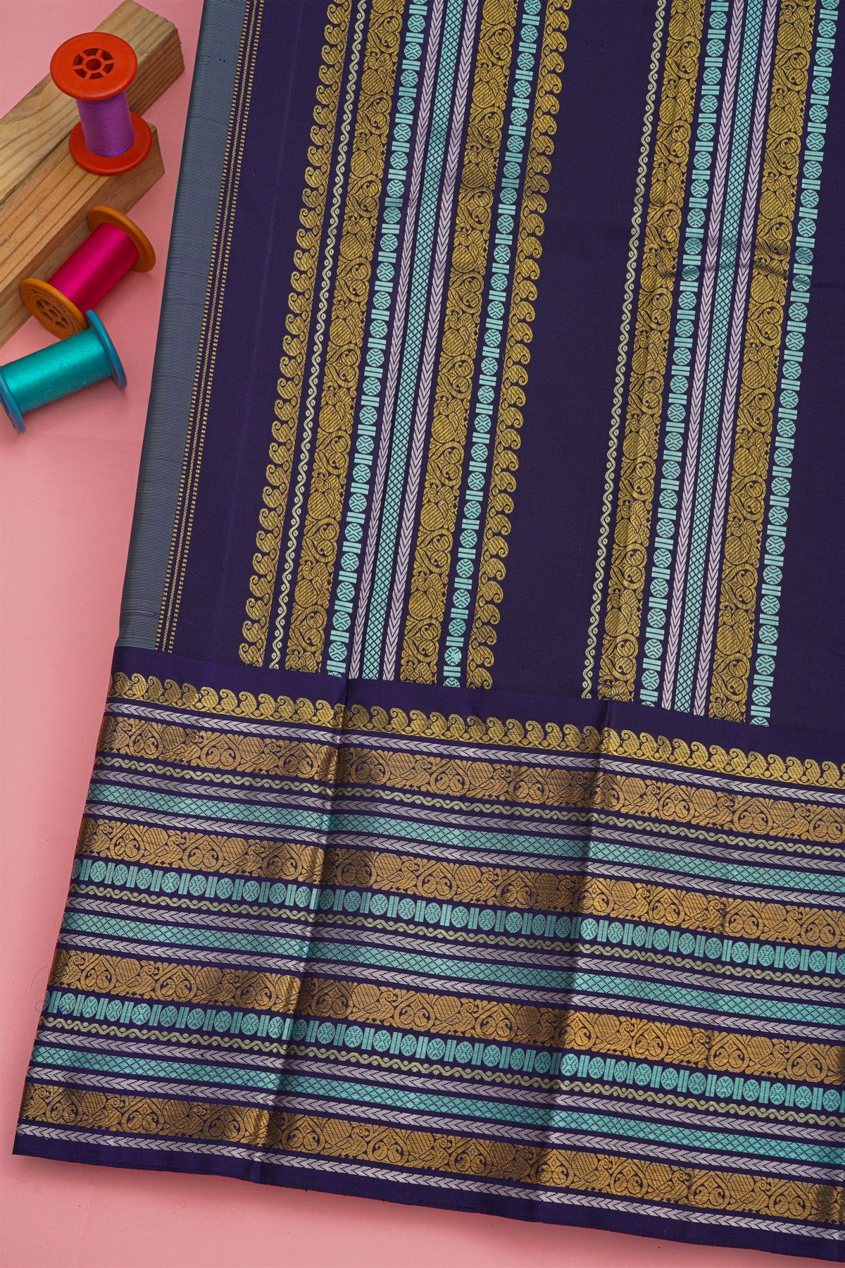 Kancheepuram Silk Sky Blue Saree With Thread Zari Border