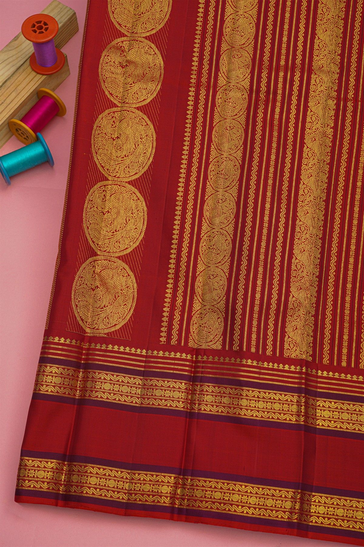 Kancheepuram Silk Light Brown Saree With Tikki Buttis Body And Gap Border