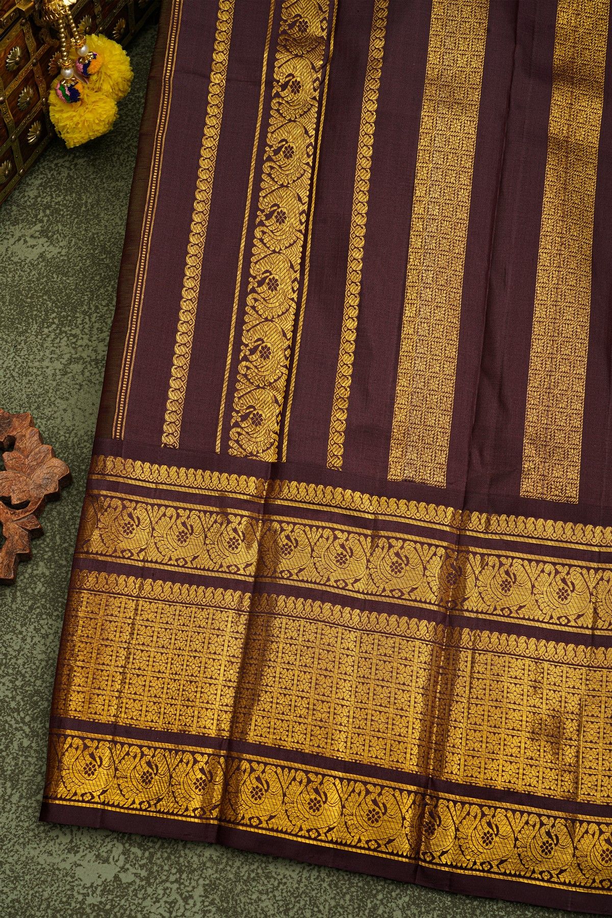 Kancheepuram Silk Mehendi Green Saree With Zari Lines Body And Contrast Florals And Peacocks Border