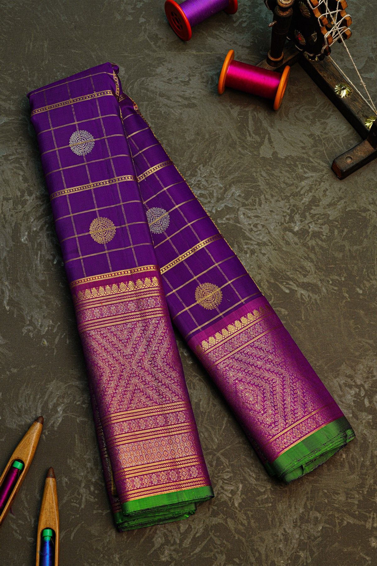 Gadwal Silk Purple Saree With Florals In Zari Checks Body