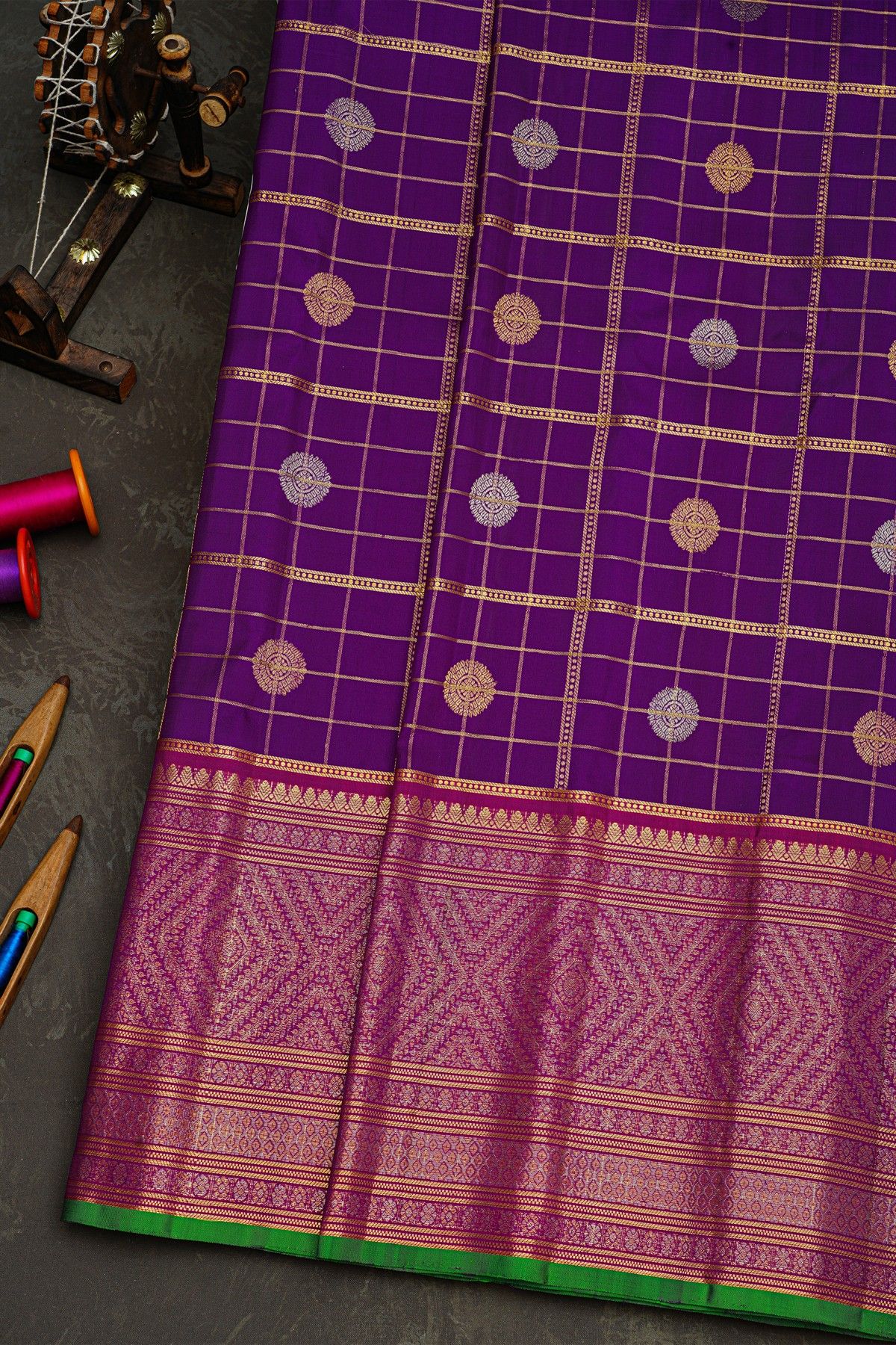 Gadwal Silk Purple Saree With Florals In Zari Checks Body
