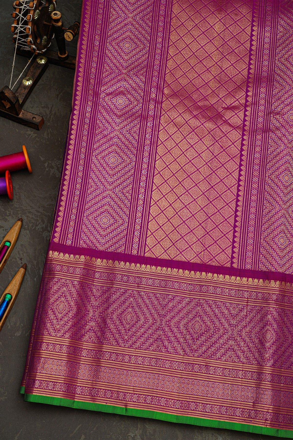 Gadwal Silk Purple Saree With Florals In Zari Checks Body