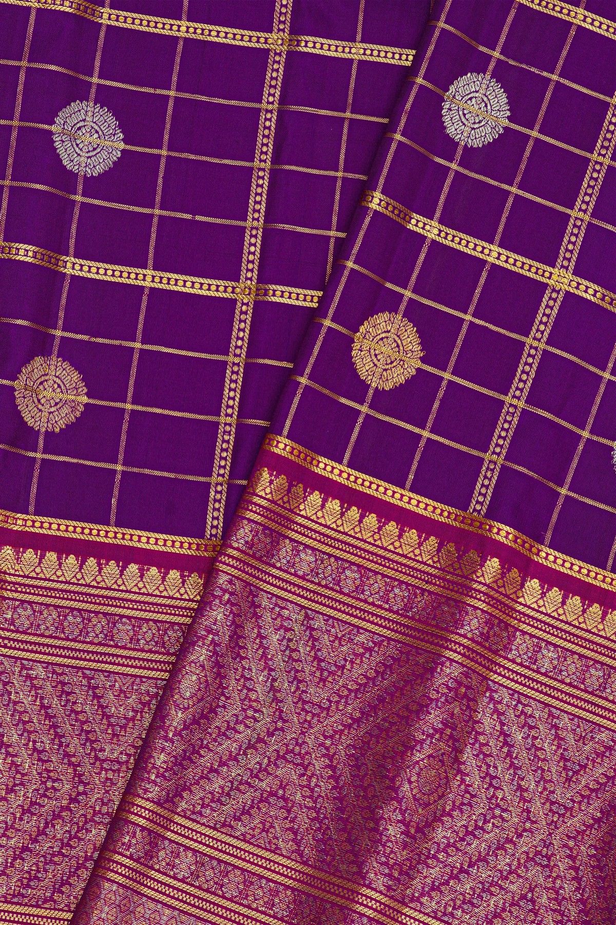 Gadwal Silk Purple Saree With Florals In Zari Checks Body