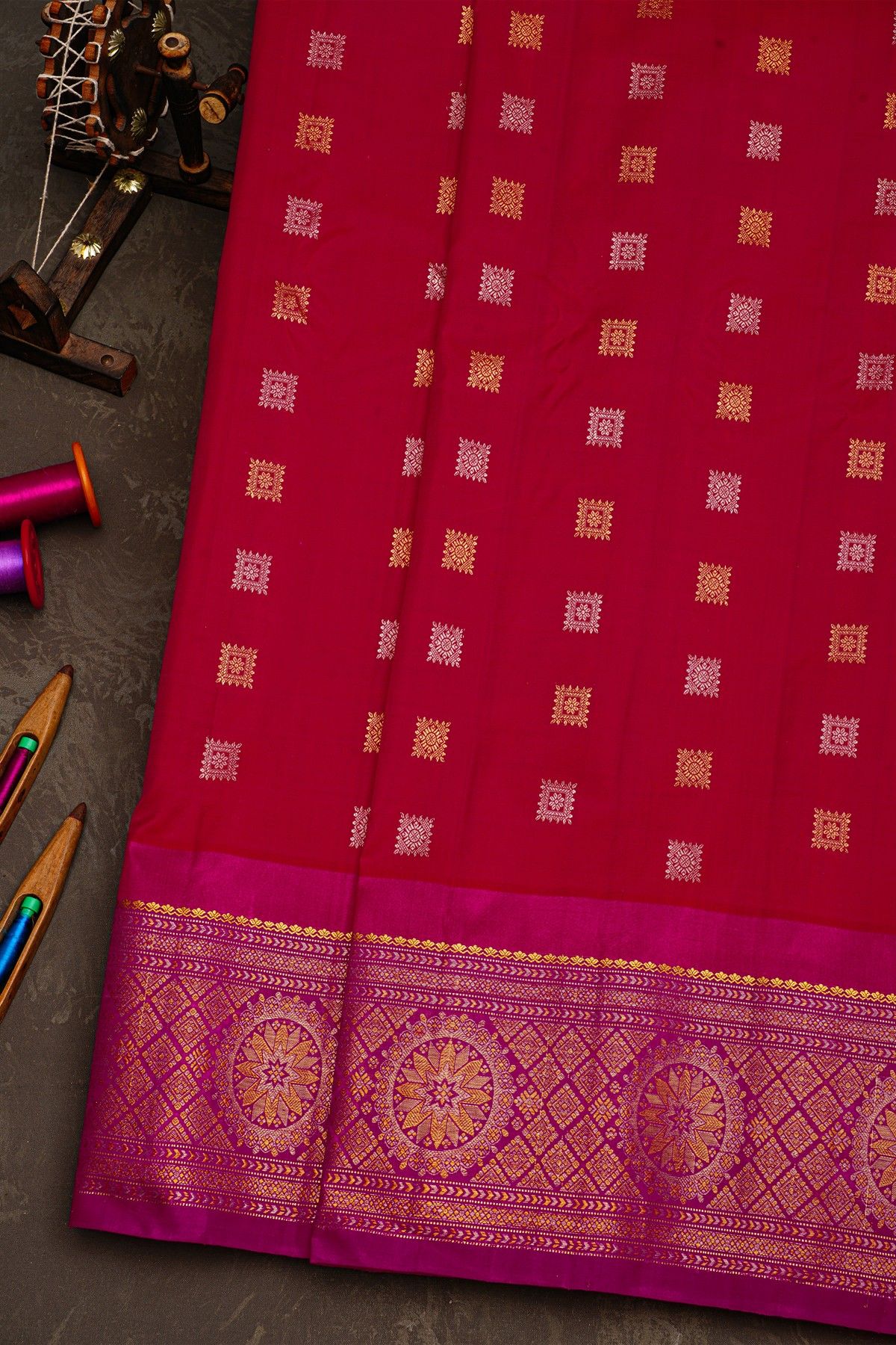Gadwal Silk Magenta Saree With Florals Buttis In Zari Body