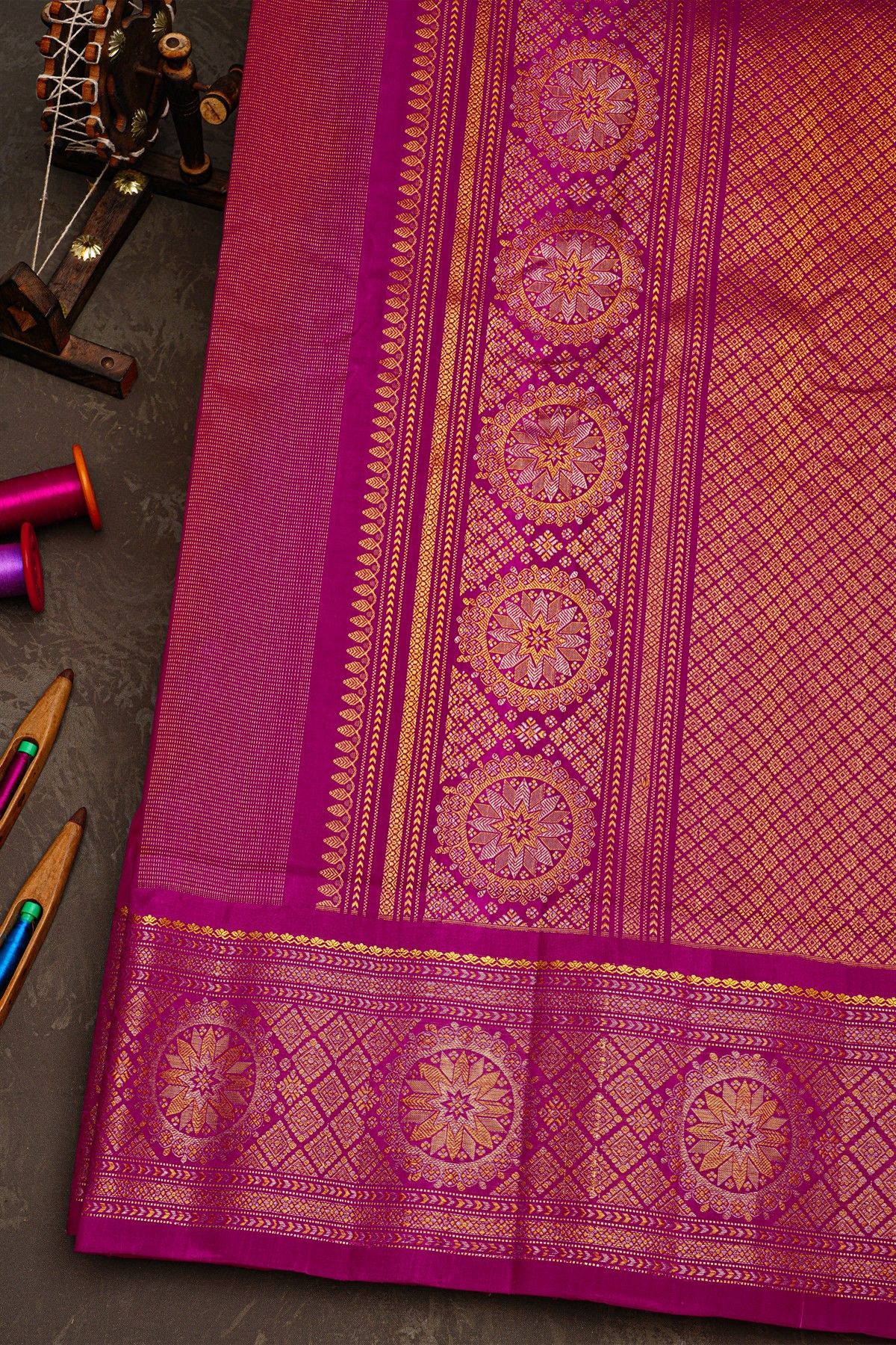 Gadwal Silk Magenta Saree With Florals Buttis In Zari Body