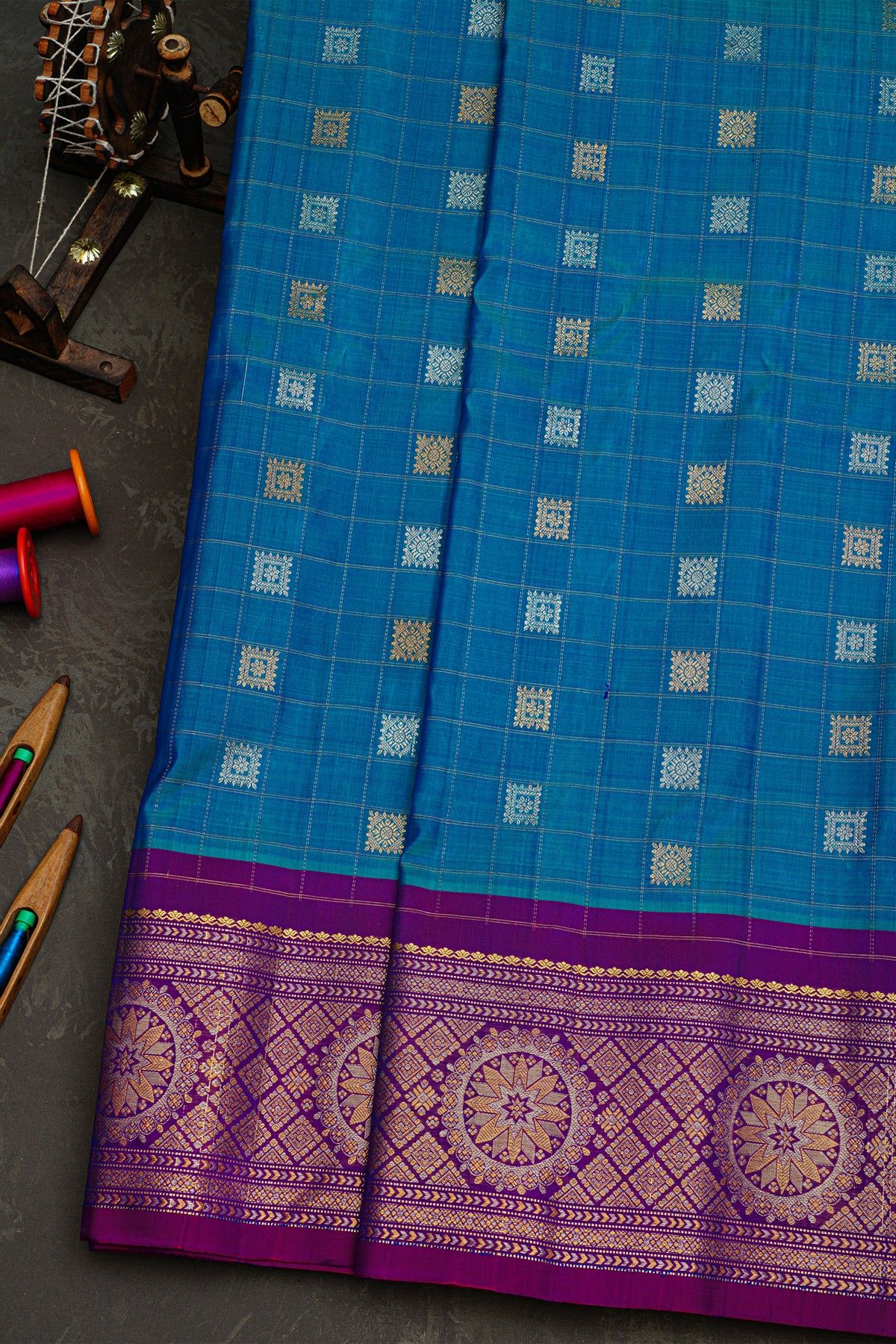 Gadwal Silk Blue Saree With Florals In Zari Checks Body