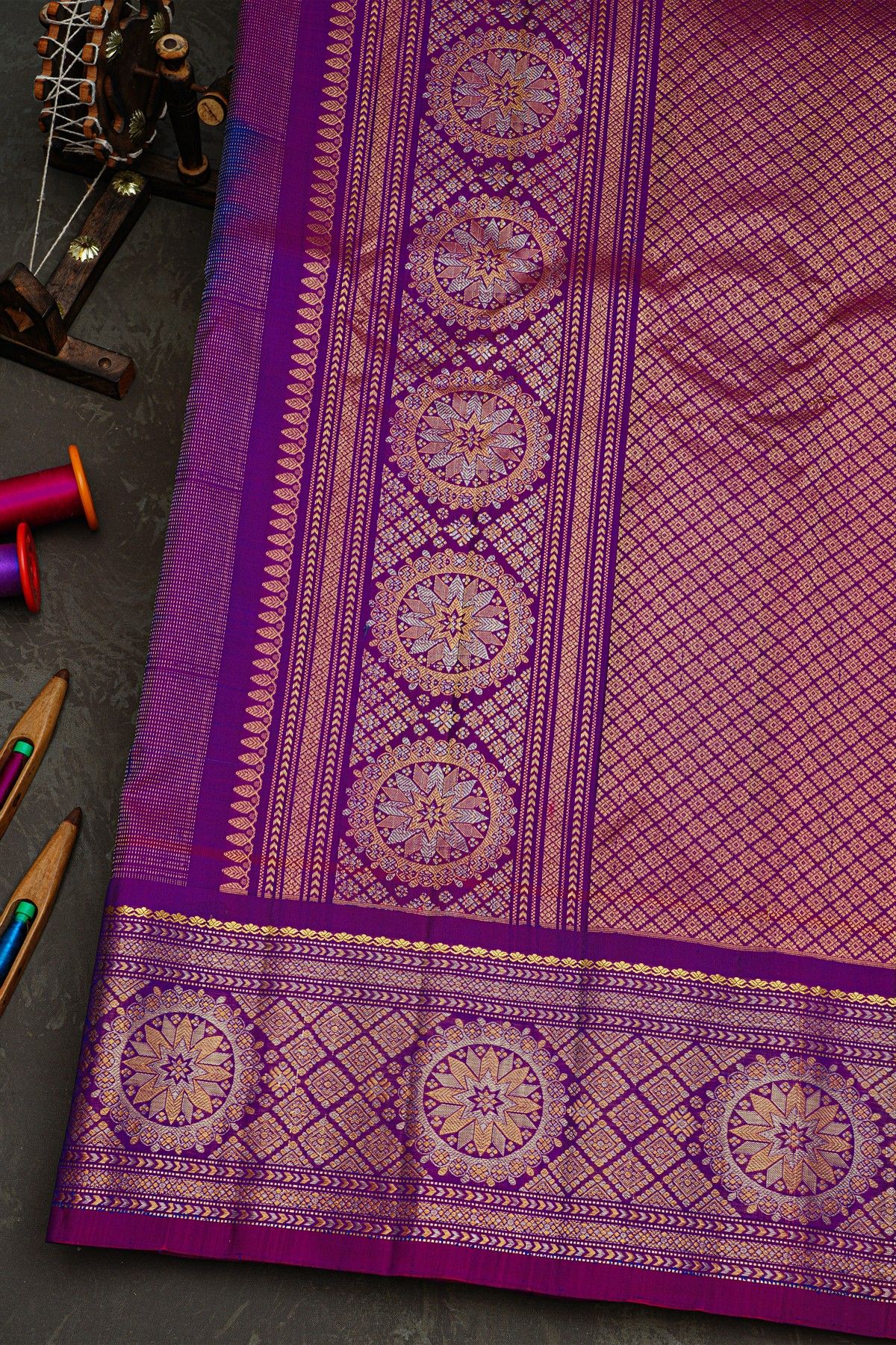 Gadwal Silk Blue Saree With Florals In Zari Checks Body