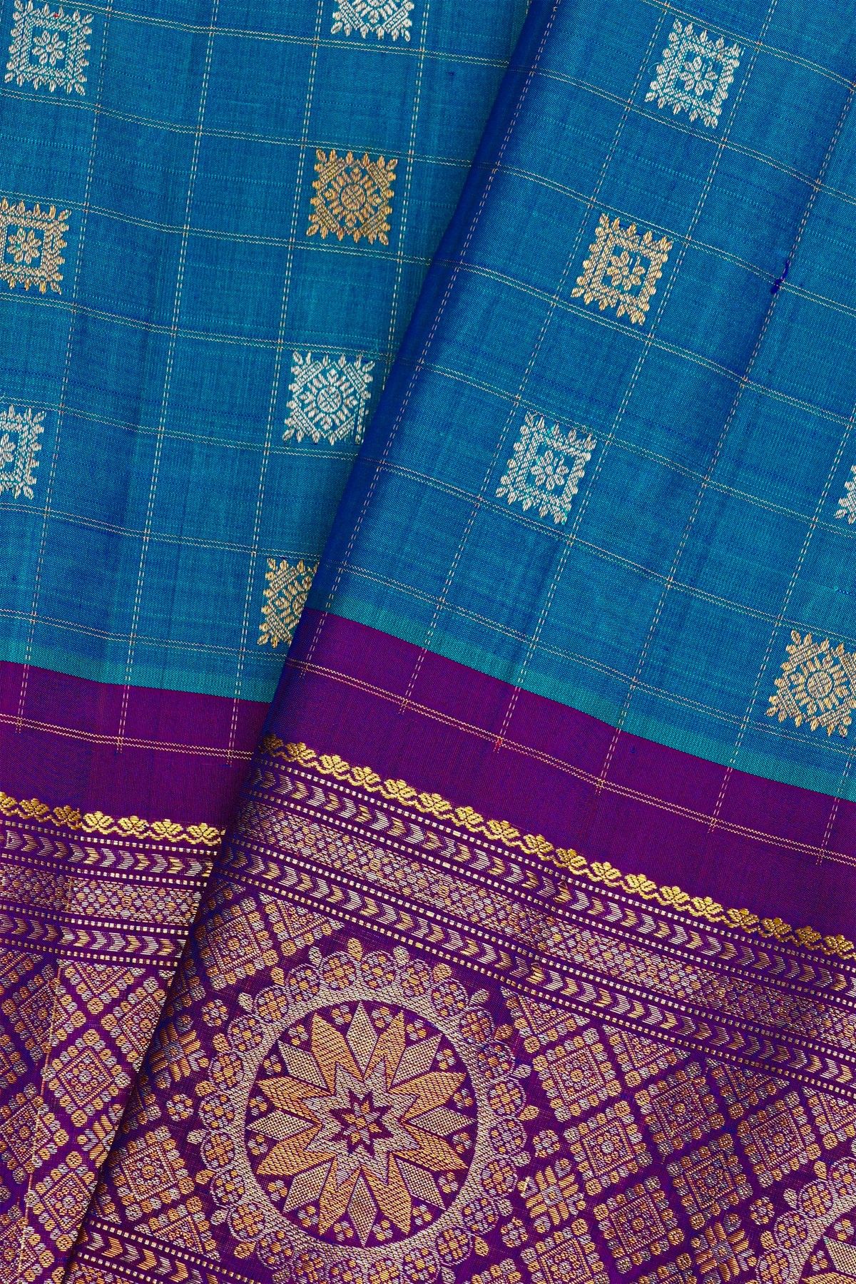 Gadwal Silk Blue Saree With Florals In Zari Checks Body