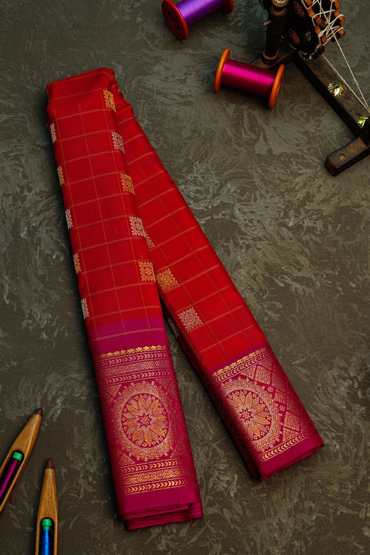 Gadwal Silk Red Saree With Florals And Leaves In Zari Checks Body