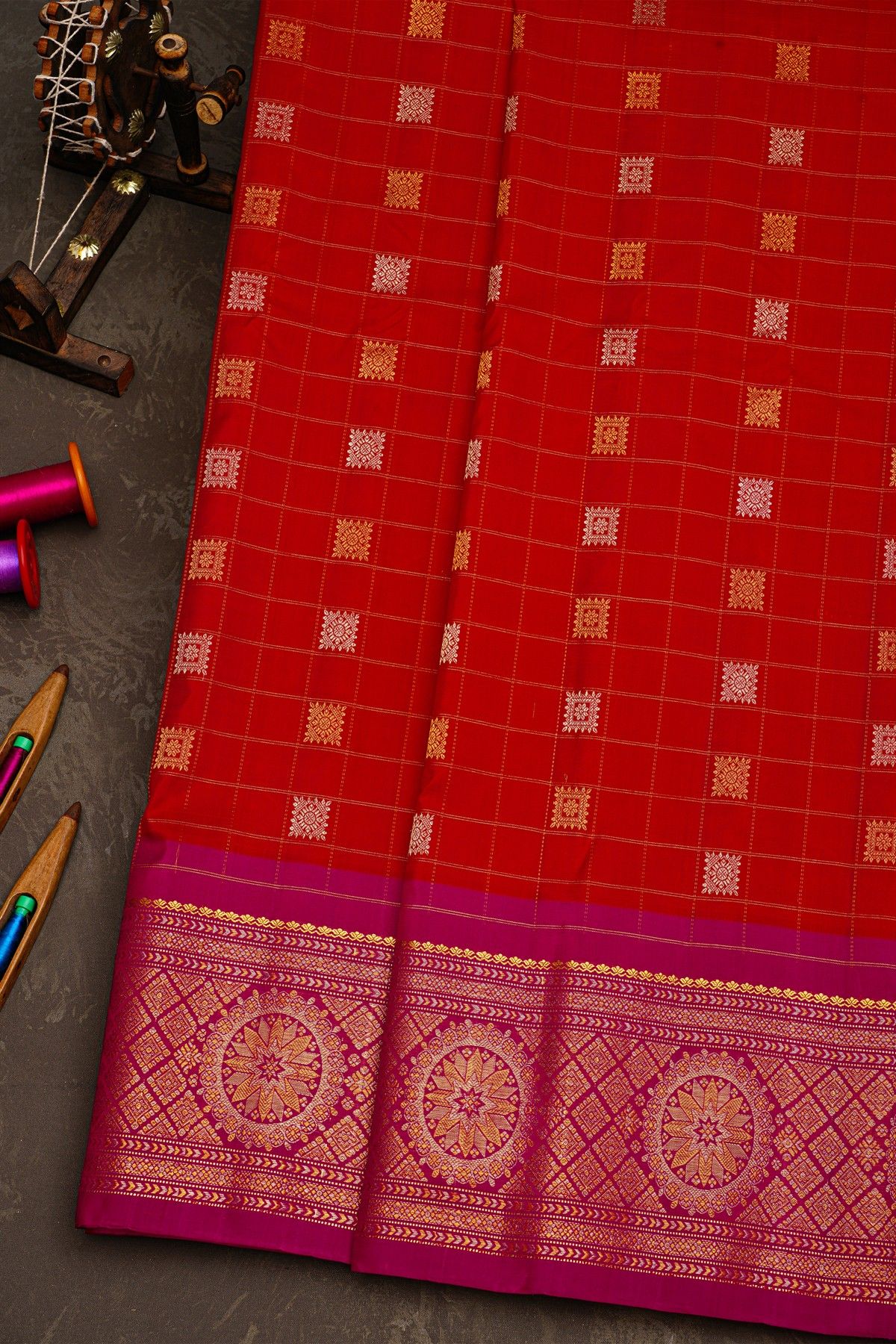 Gadwal Silk Red Saree With Florals And Leaves In Zari Checks Body