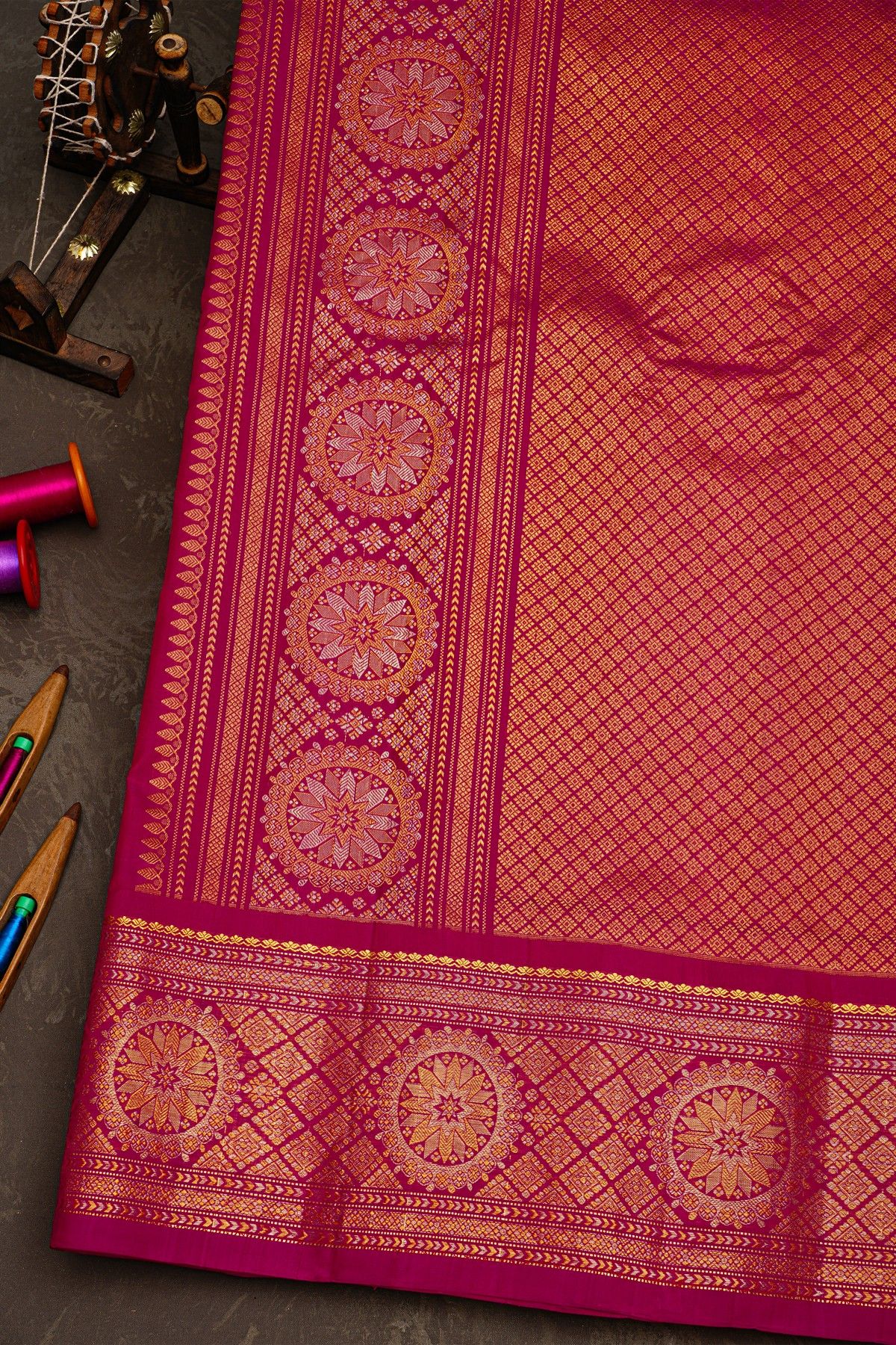 Gadwal Silk Red Saree With Florals And Leaves In Zari Checks Body