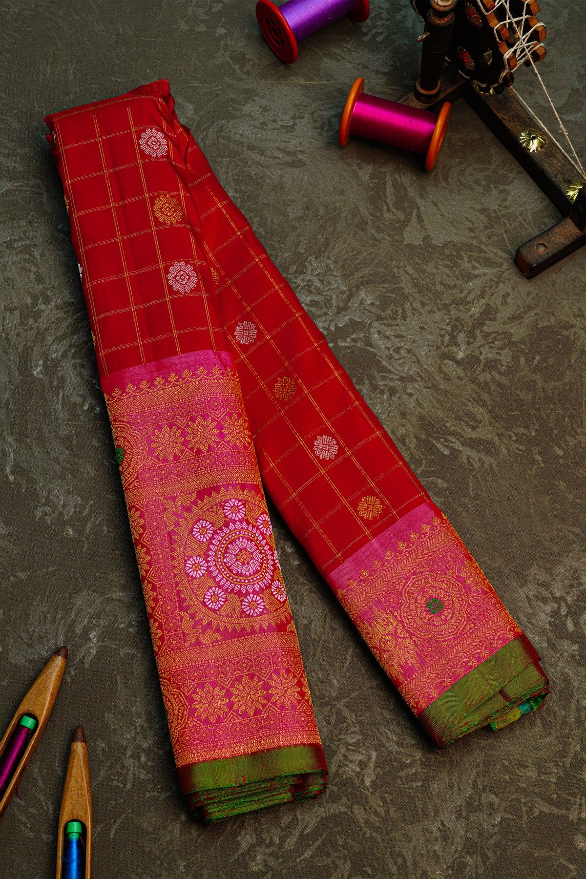 Gadwal Silk Red Saree With Florals In Zari Checks Body