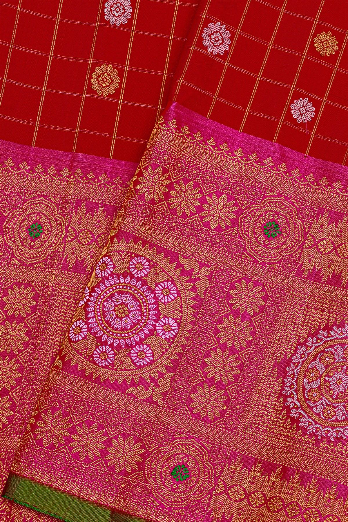 Gadwal Silk Red Saree With Florals In Zari Checks Body